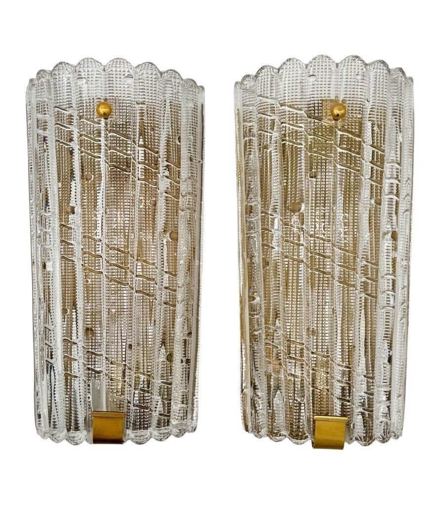 A Large Pair Of Swedish 1960s Orrefors Glass And Brass Wall Sconces By Carl Fagerlund