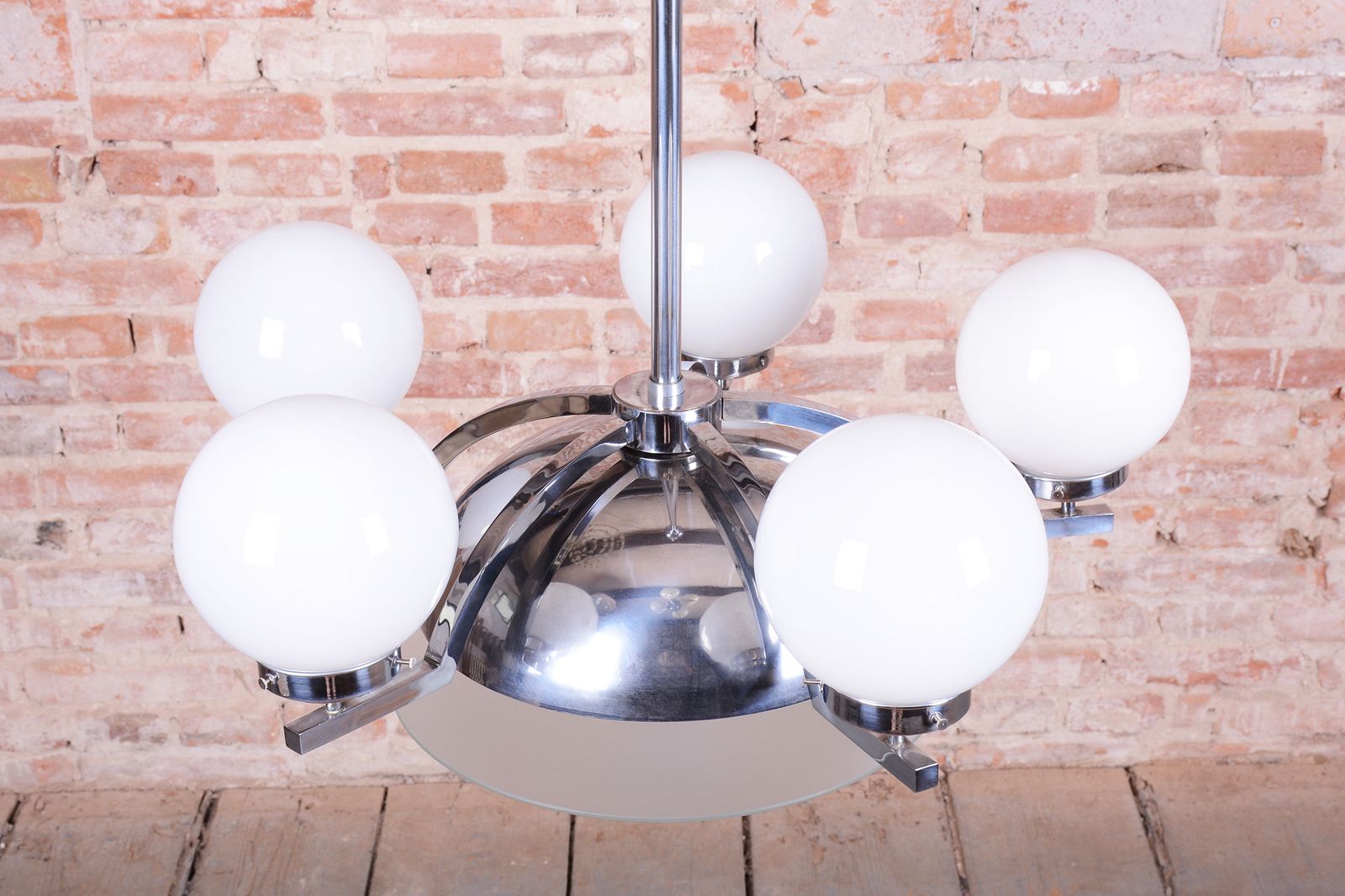 Restored Bauhaus Chandelier, Chrome Plated Steel, Opaline Glass, Czech, 1930s photo 1700.0