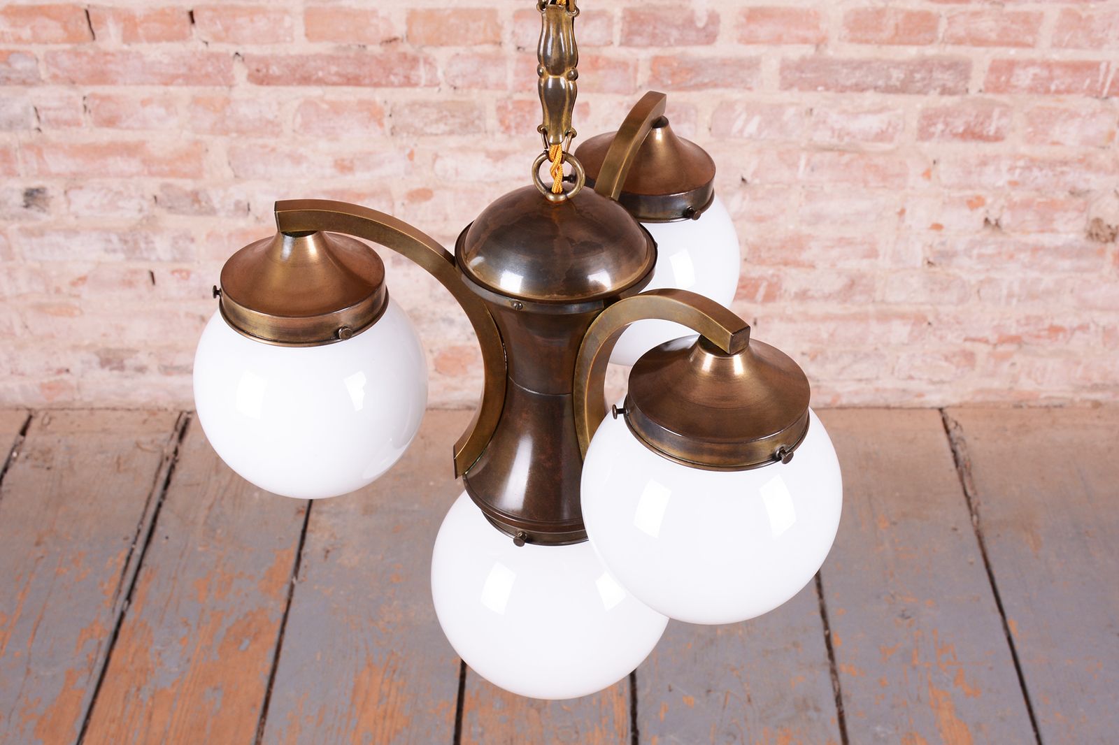 Restored Art Deco Dissociative Chandelier, Brass, Opaline Glass, Czech, 1920s photo vintage