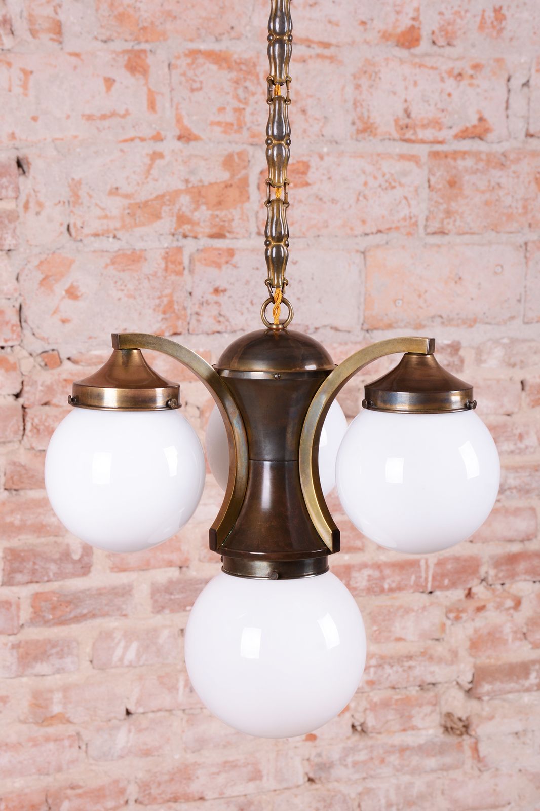 photo for sale Restored Art Deco Dissociative Chandelier, Brass, Opaline Glass, Czech, 1920s