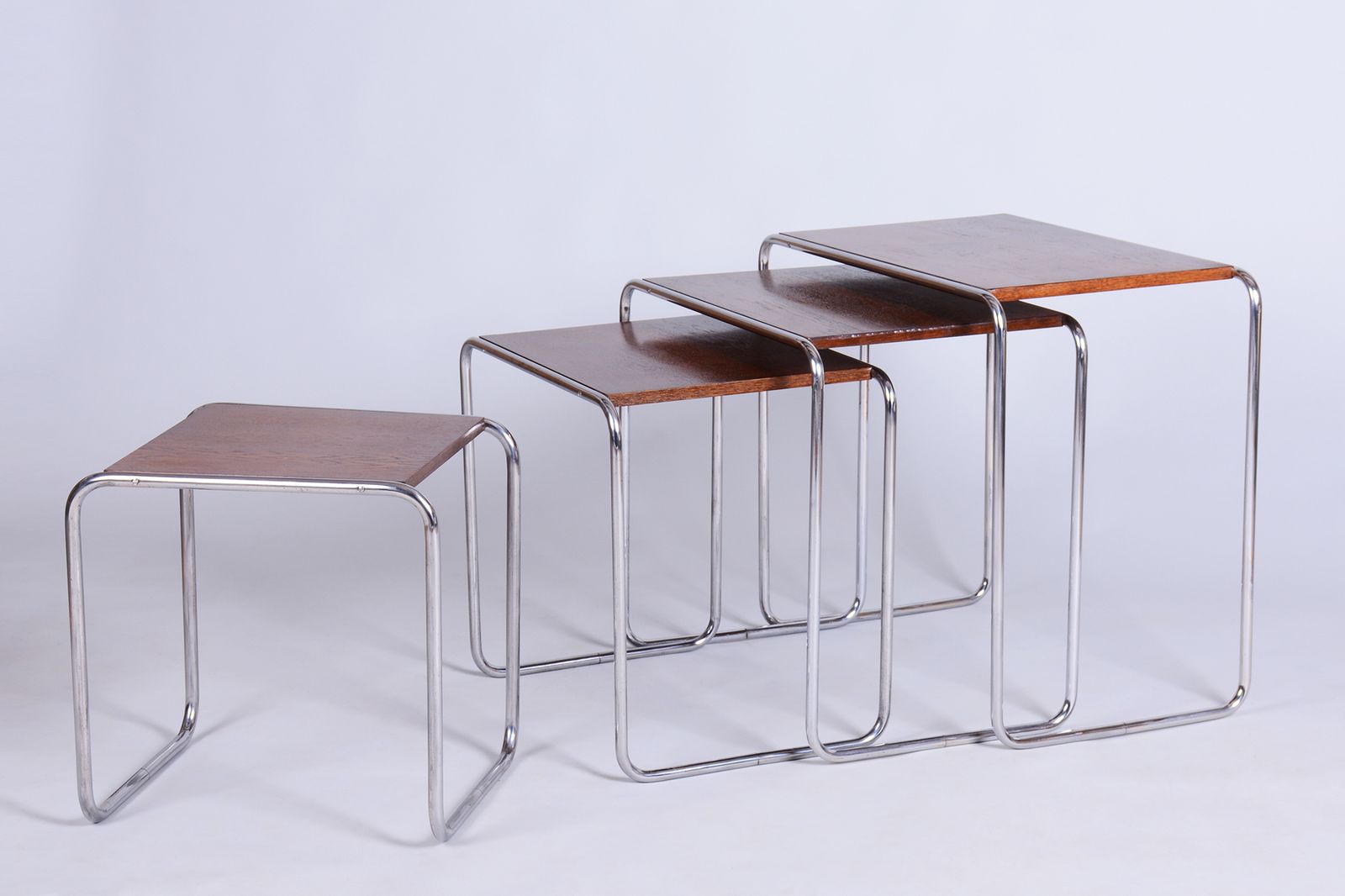 Restored Nesting Tables, By M. Breuer For Thonet, Oak, Chrome, Czech, 1920s