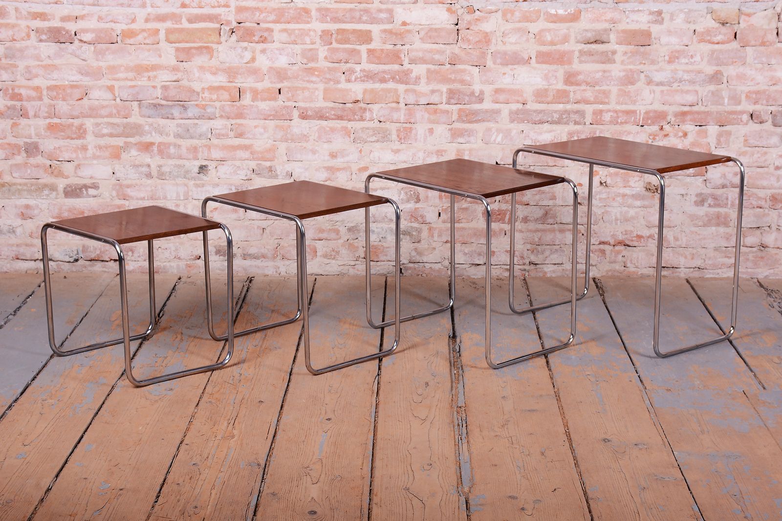 Restored Nesting Tables, By M. Breuer For Thonet, Oak, Chrome, Czech, 1920s photo furniture
