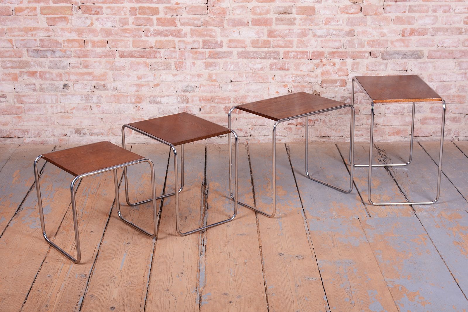 2700.0 Restored Nesting Tables, By M. Breuer For Thonet, Oak, Chrome, Czech, 1920s photo