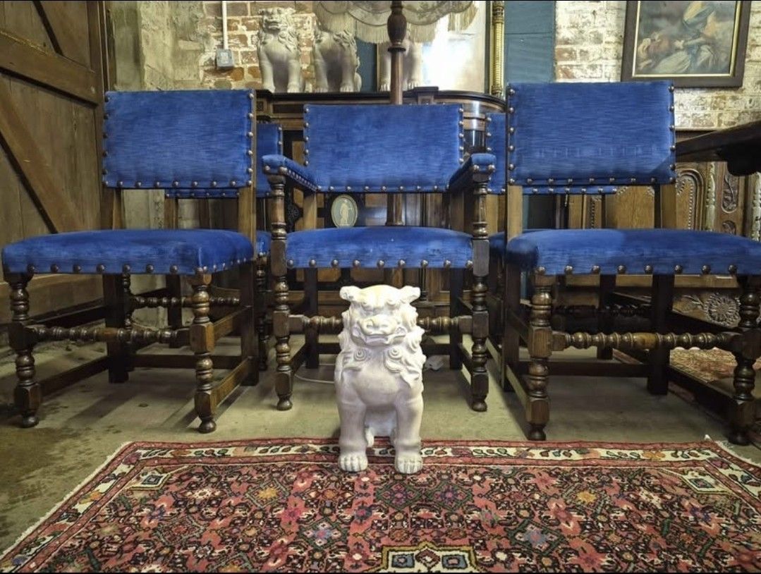Five Epic Blue Velvet Cromwellian Style Vintage Oak Dining Chairs  4 + 1 Carver