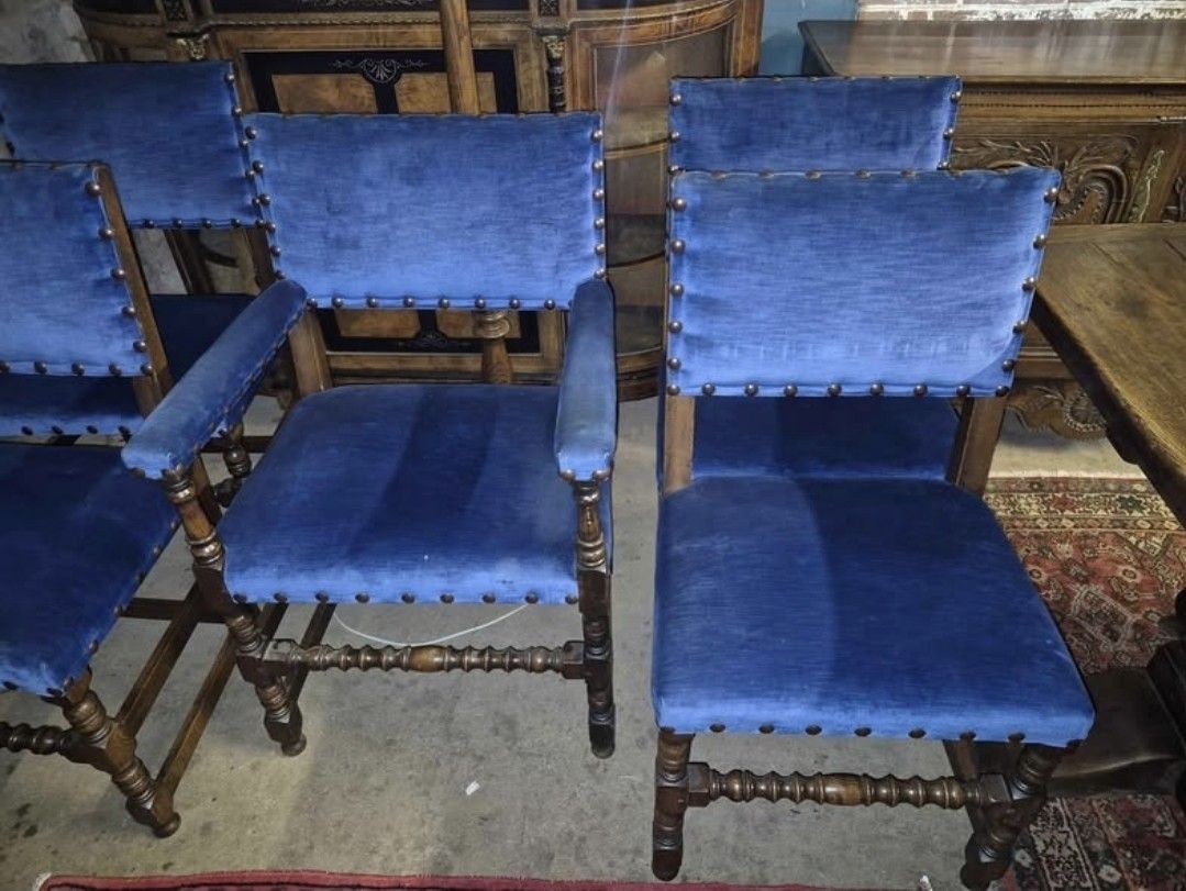 Five Epic Blue Velvet Cromwellian Style Vintage Oak Dining Chairs  4 + 1 Carver photo 265.0