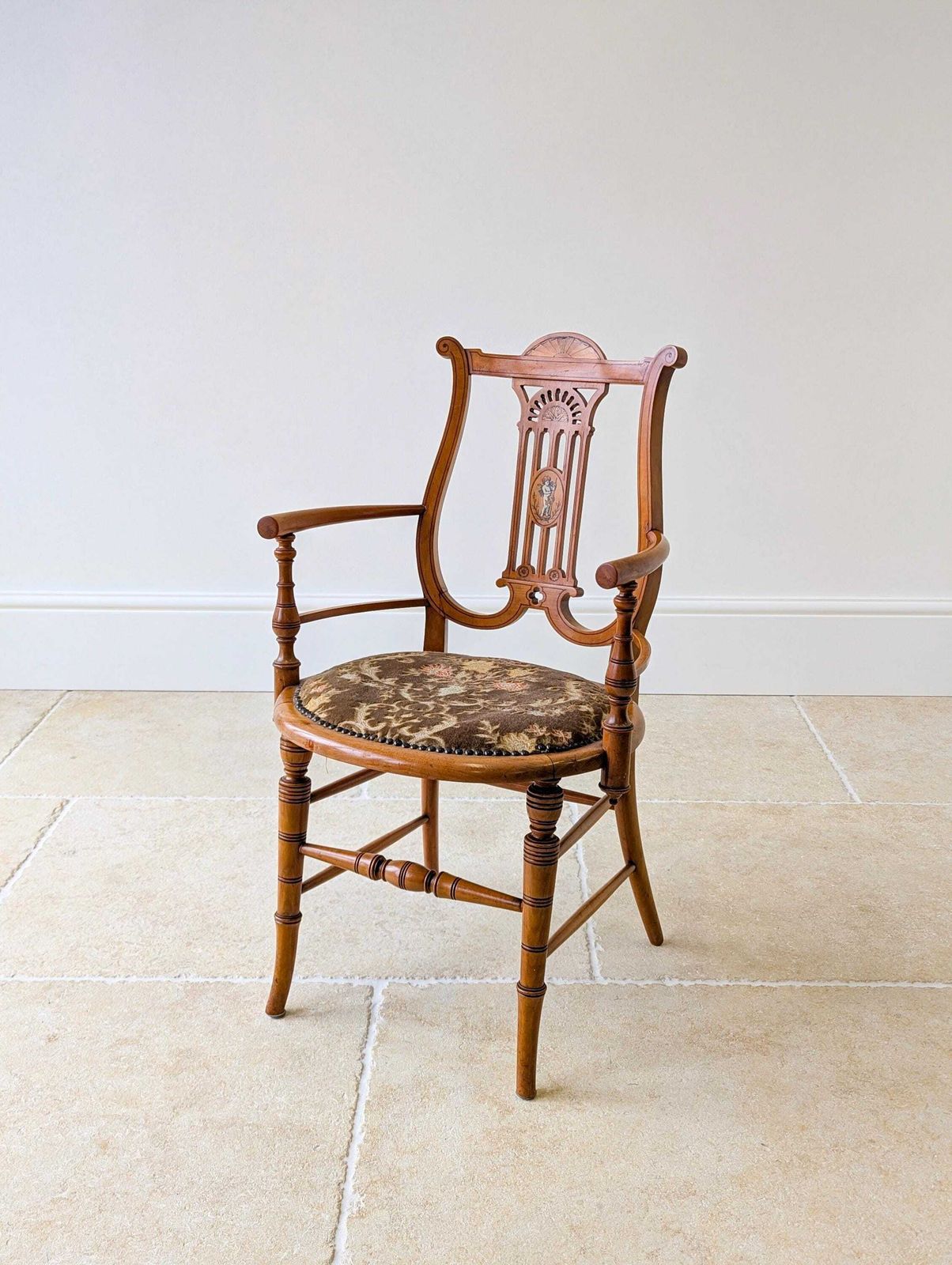 Antique Victorian Satinwood Lyre Back Elbow Chair C.1890