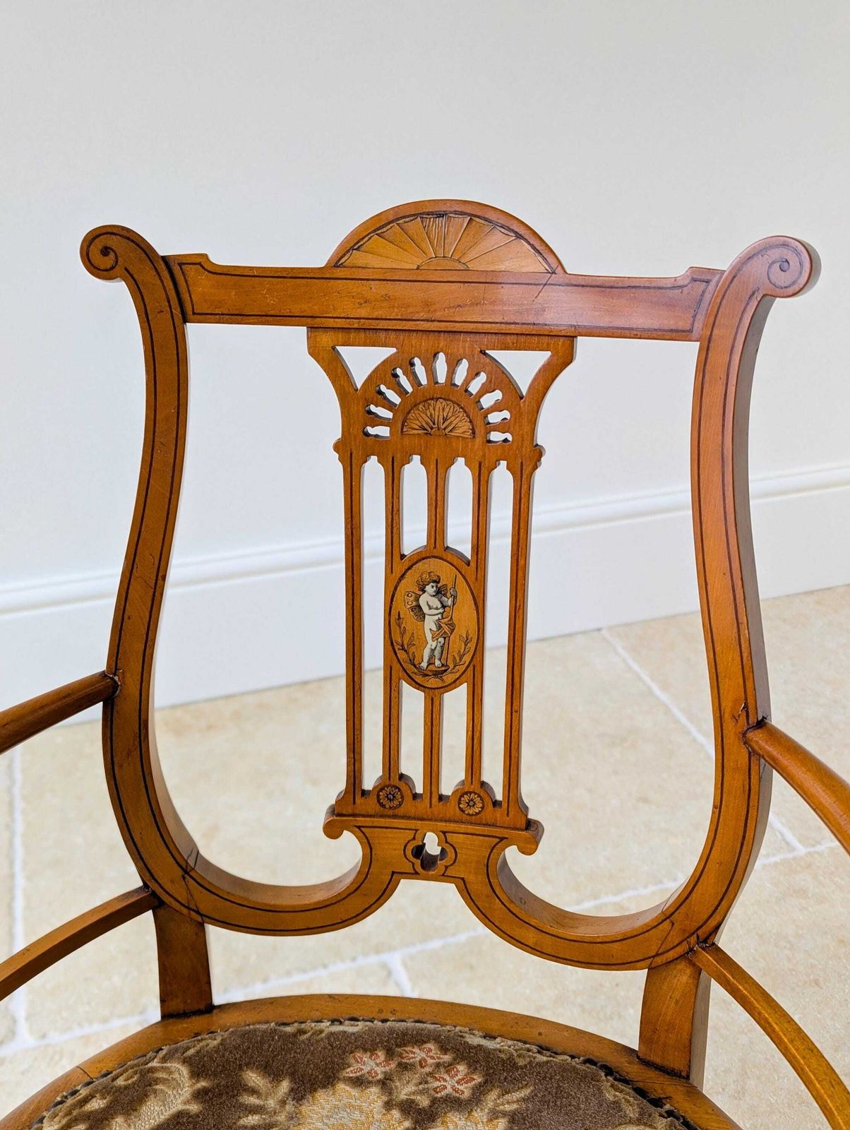 Antique Victorian Satinwood Lyre Back Elbow Chair C.1890 photo for sale