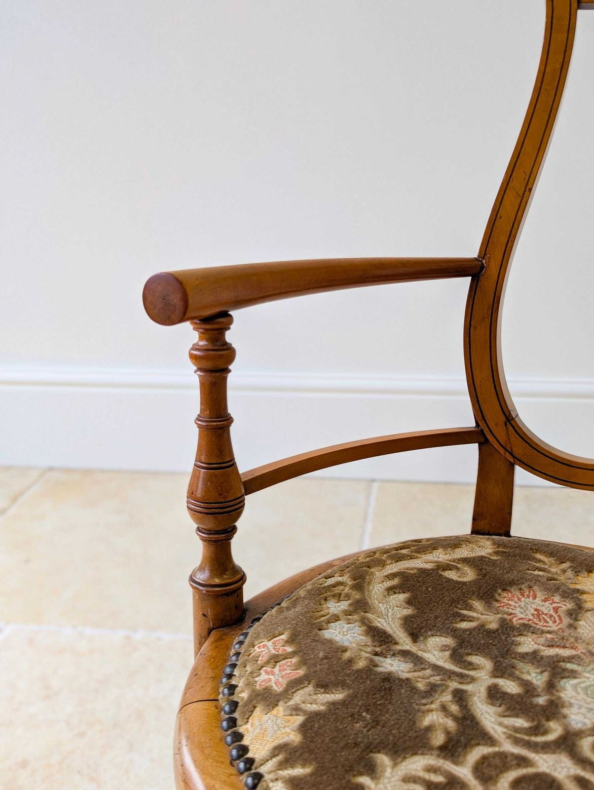 Furniture Antique Victorian Satinwood Lyre Back Elbow Chair C.1890 photo