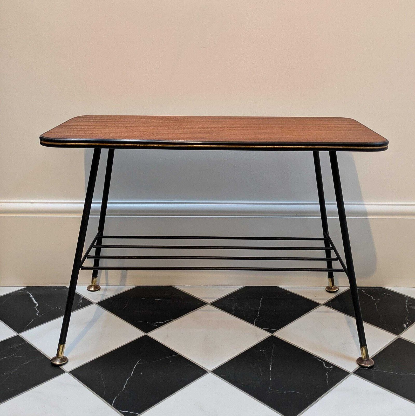Mid Century Modern Atomic End Table With Teak Veneered Top & Metal Base | Vintage Style Lamp Table photo furniture