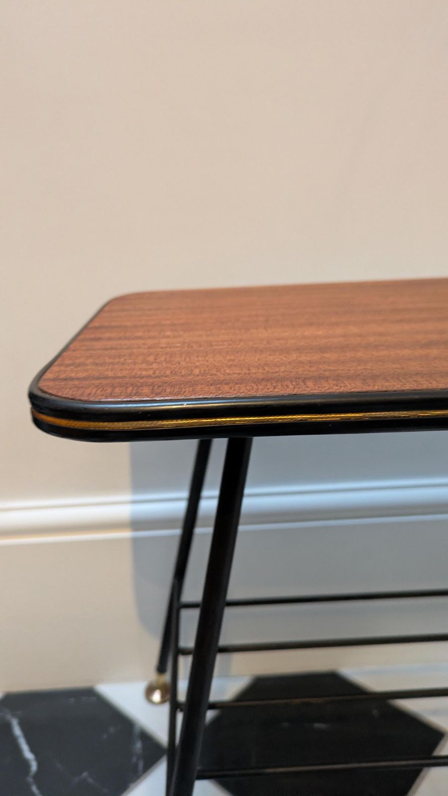 Mid Century Modern Atomic End Table With Teak Veneered Top & Metal Base | Vintage Style Lamp Table photo for sale