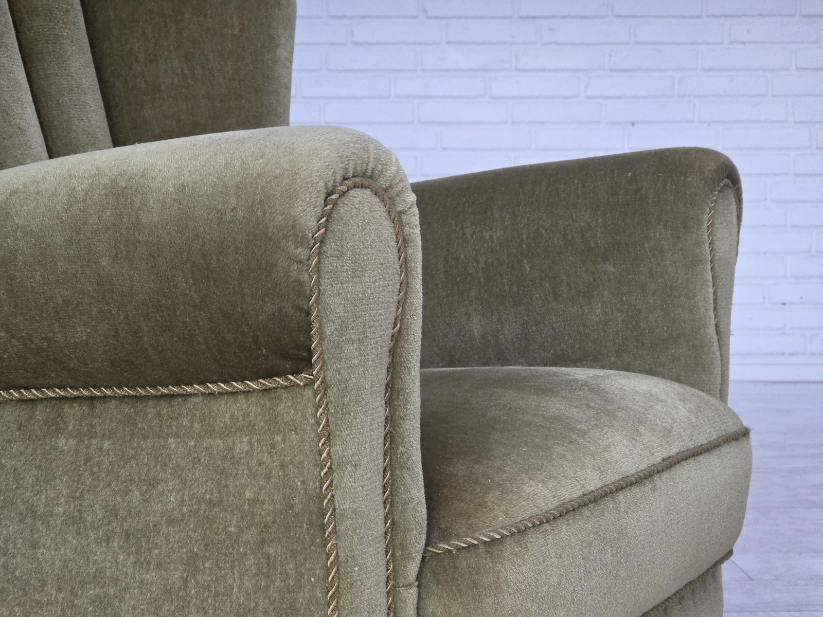 1960s, Danish Relax Armchair, Original Green Furniture Velour, Beech Wood. photo Furniture