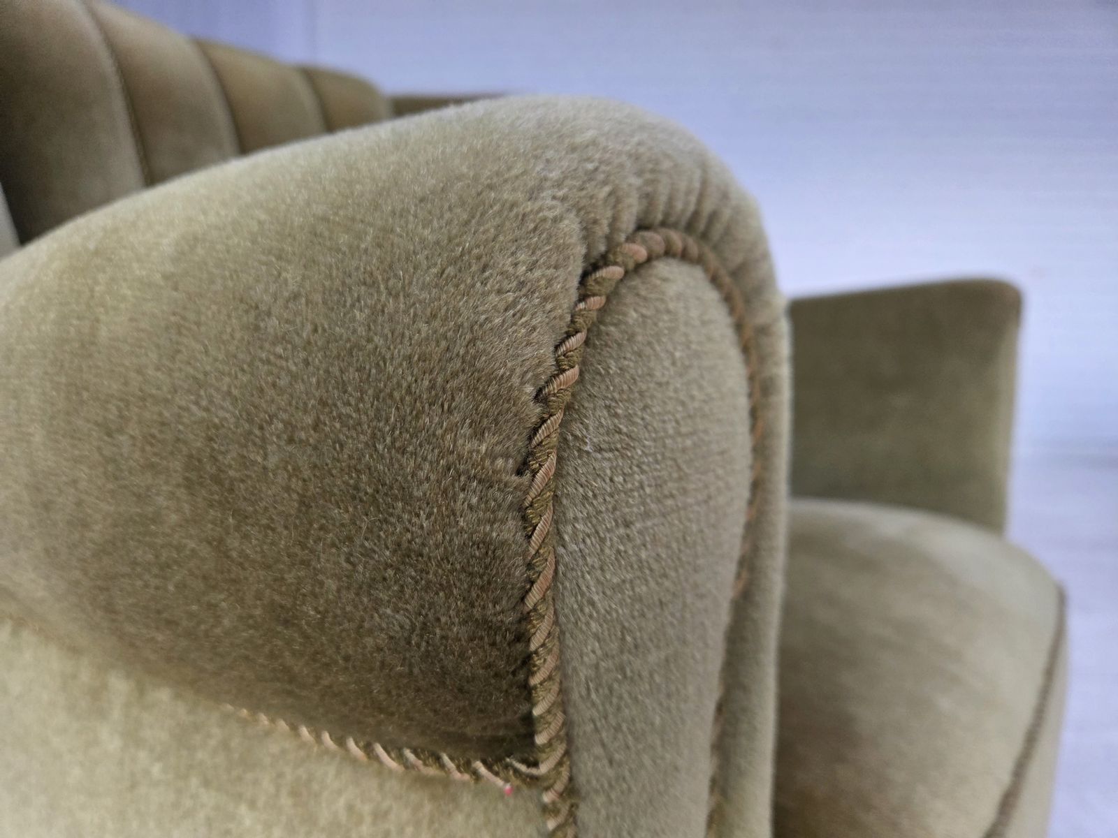 1960s, Danish Relax Armchair, Original Green Furniture Velour, Beech Wood. photo buy