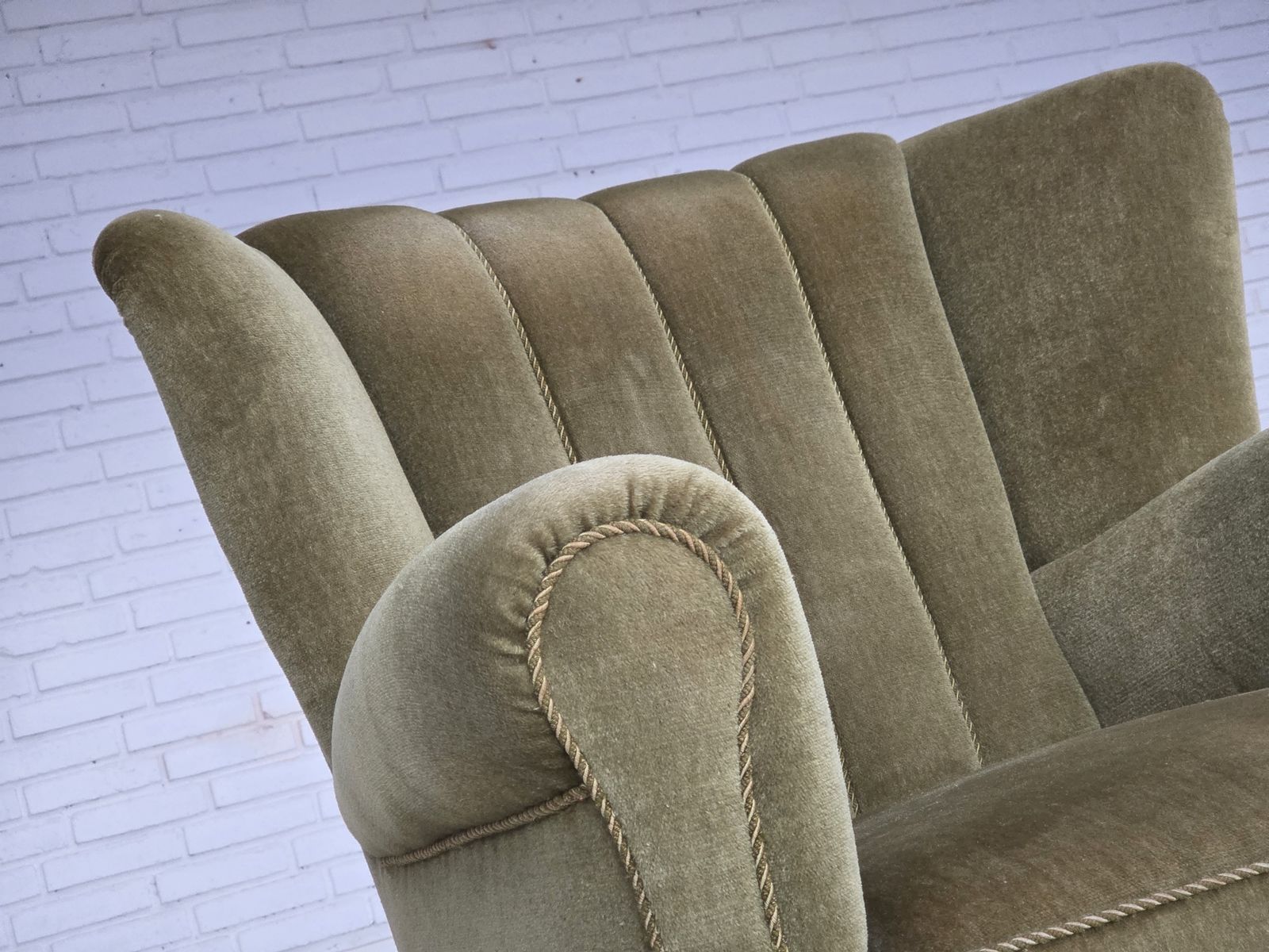 1570.0 1960s, Danish Relax Armchair, Original Green Furniture Velour, Beech Wood. photo