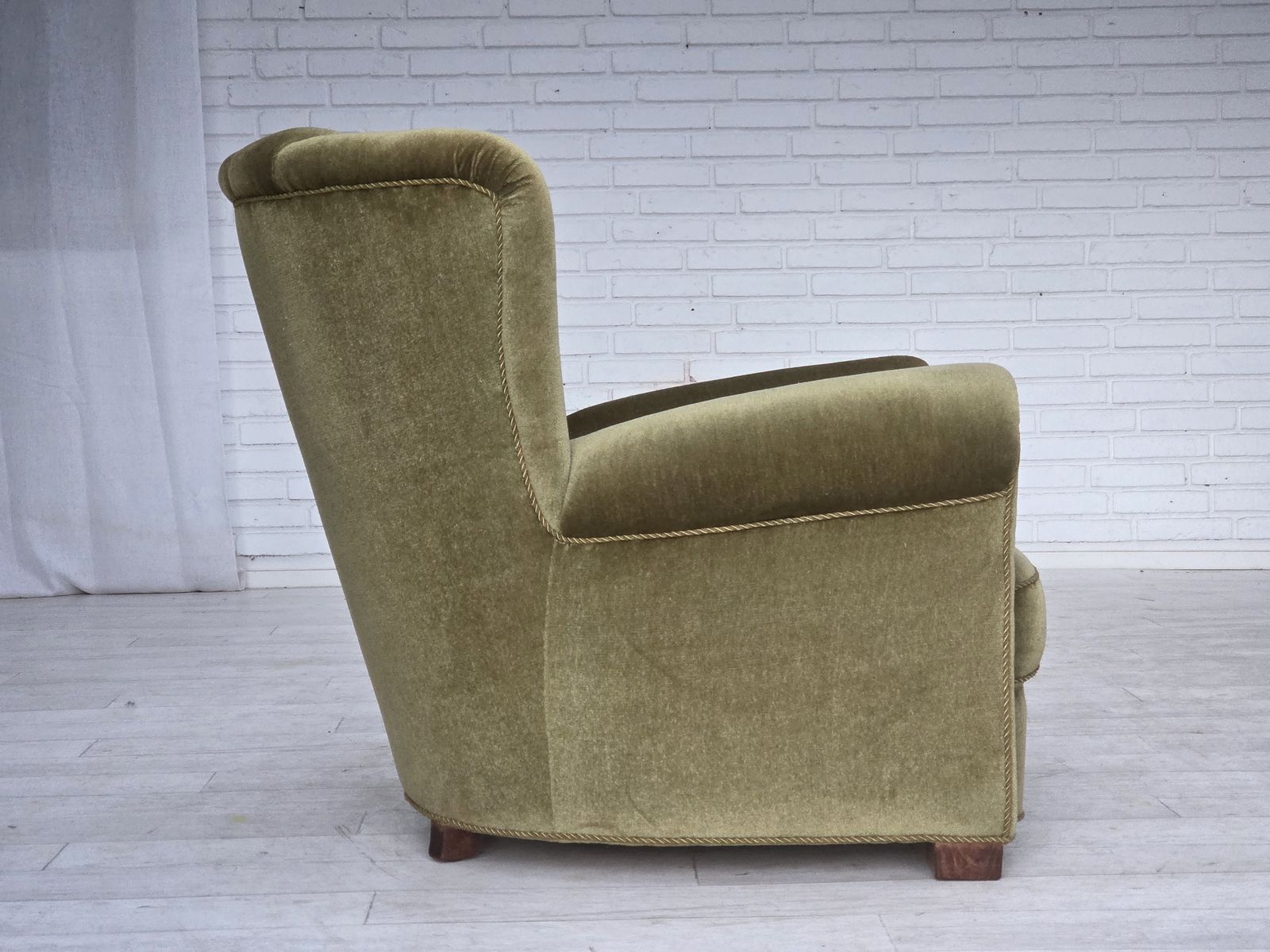photo buy 1960s, Danish Relax Armchair, Original Green Furniture Velour, Beech Wood.