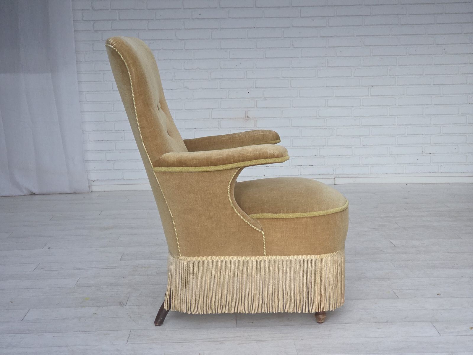 1950s, Danish Armchair, Furniture Velour, Ash Wood Legs. photo 870.0