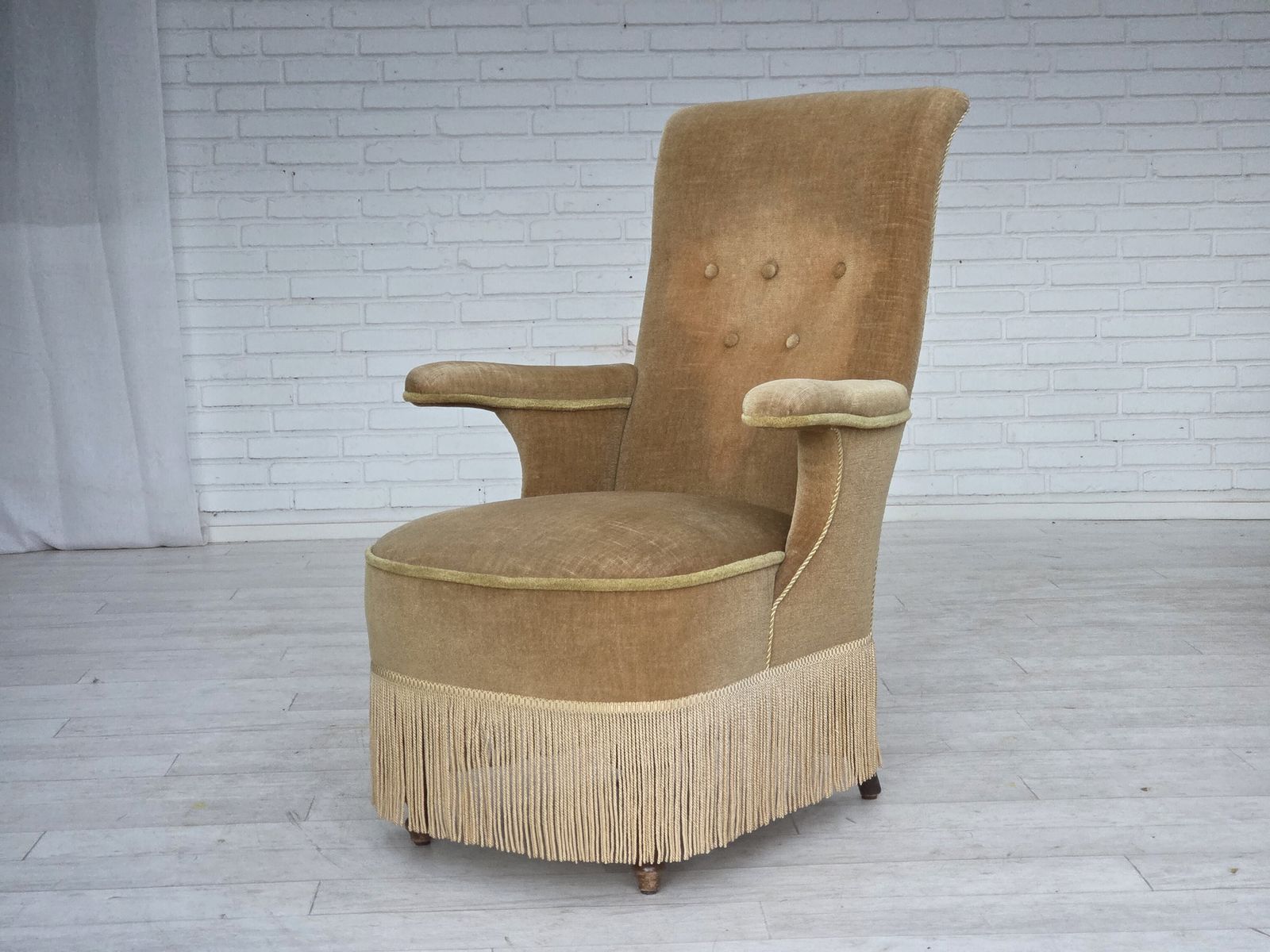 1950s, Danish Armchair, Furniture Velour, Ash Wood Legs. photo vintage