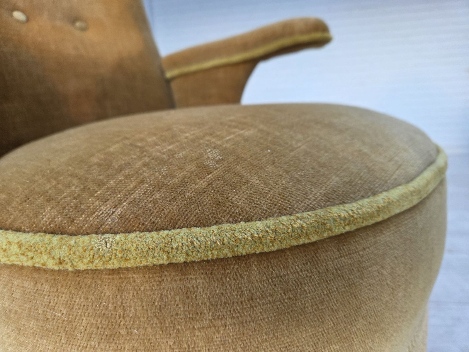 photo for sale 1950s, Danish Armchair, Furniture Velour, Ash Wood Legs.