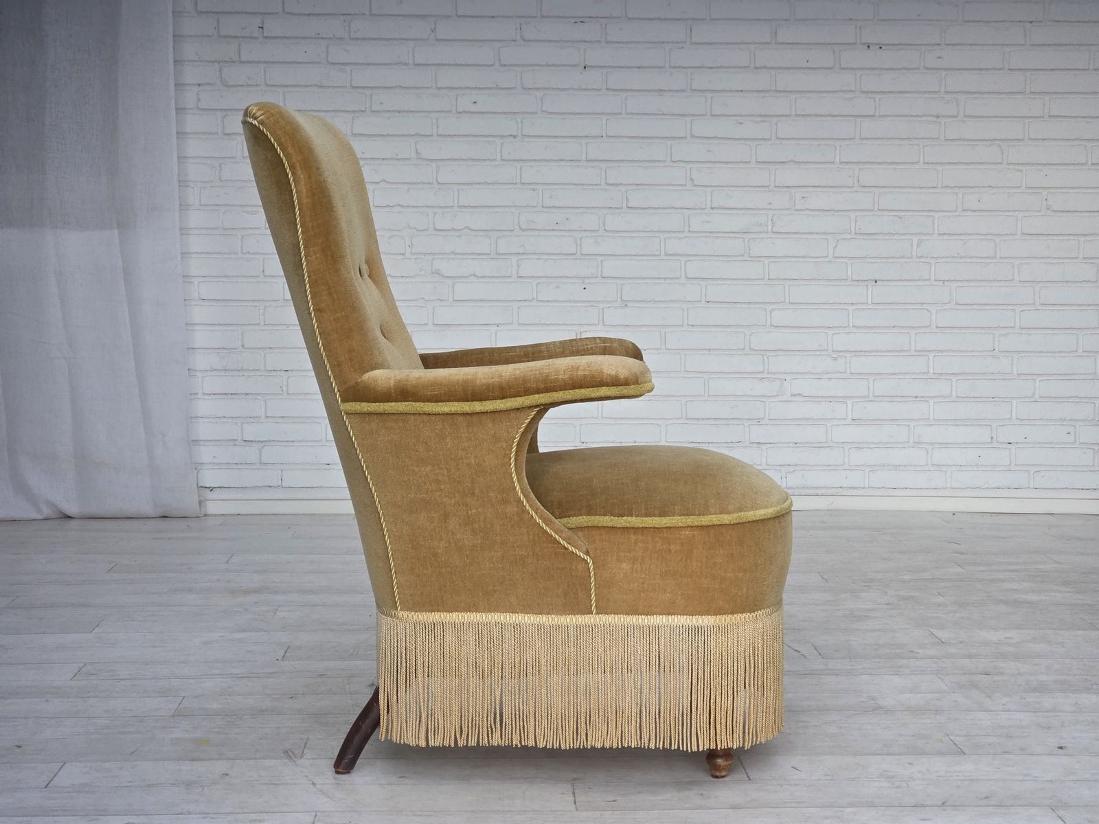 photo buy 1950s, Danish Armchair, Furniture Velour, Ash Wood Legs.