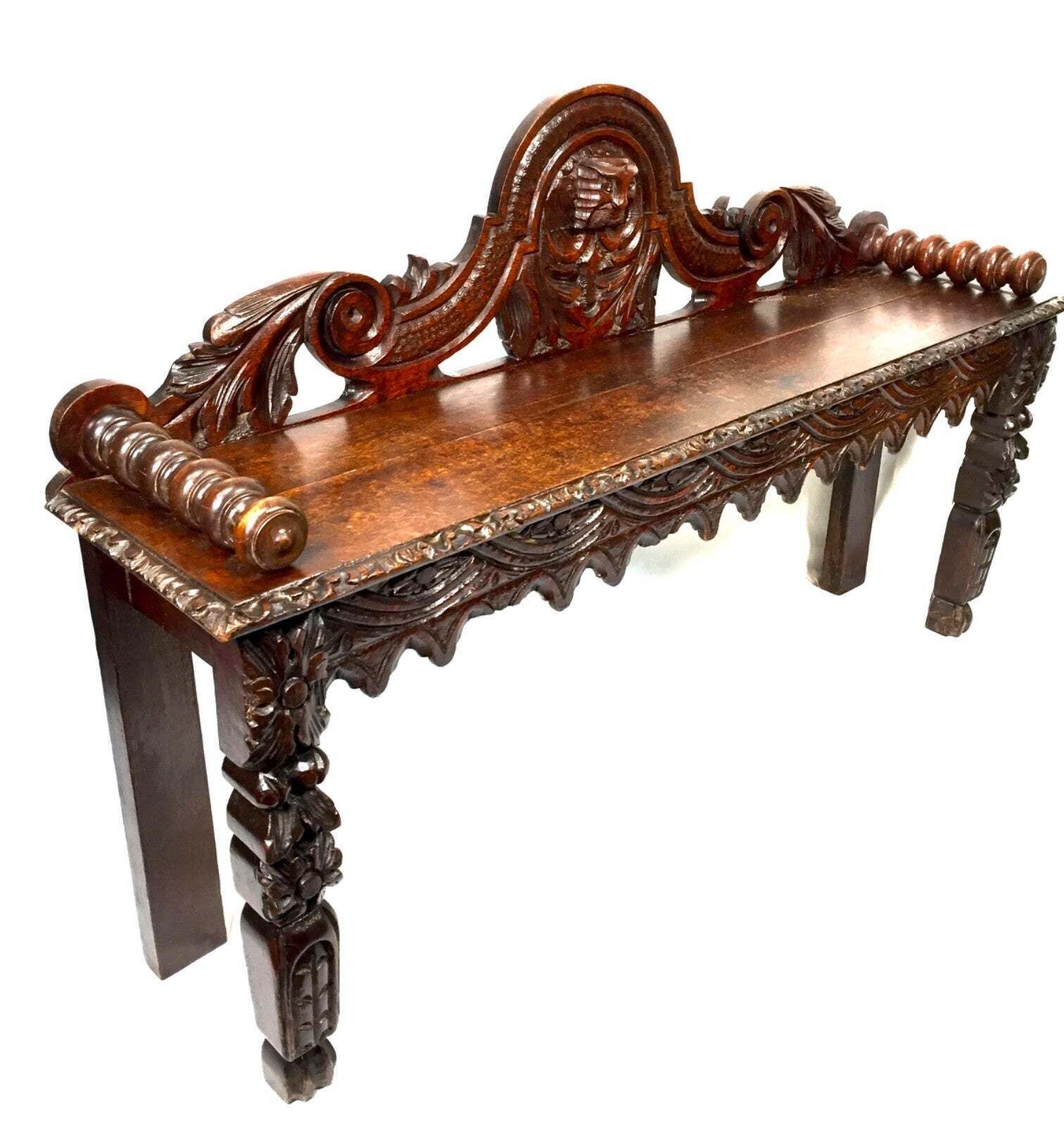 Antique Oak Carved 19th Century Green Man Window Seat / Bench / Gothic Revival