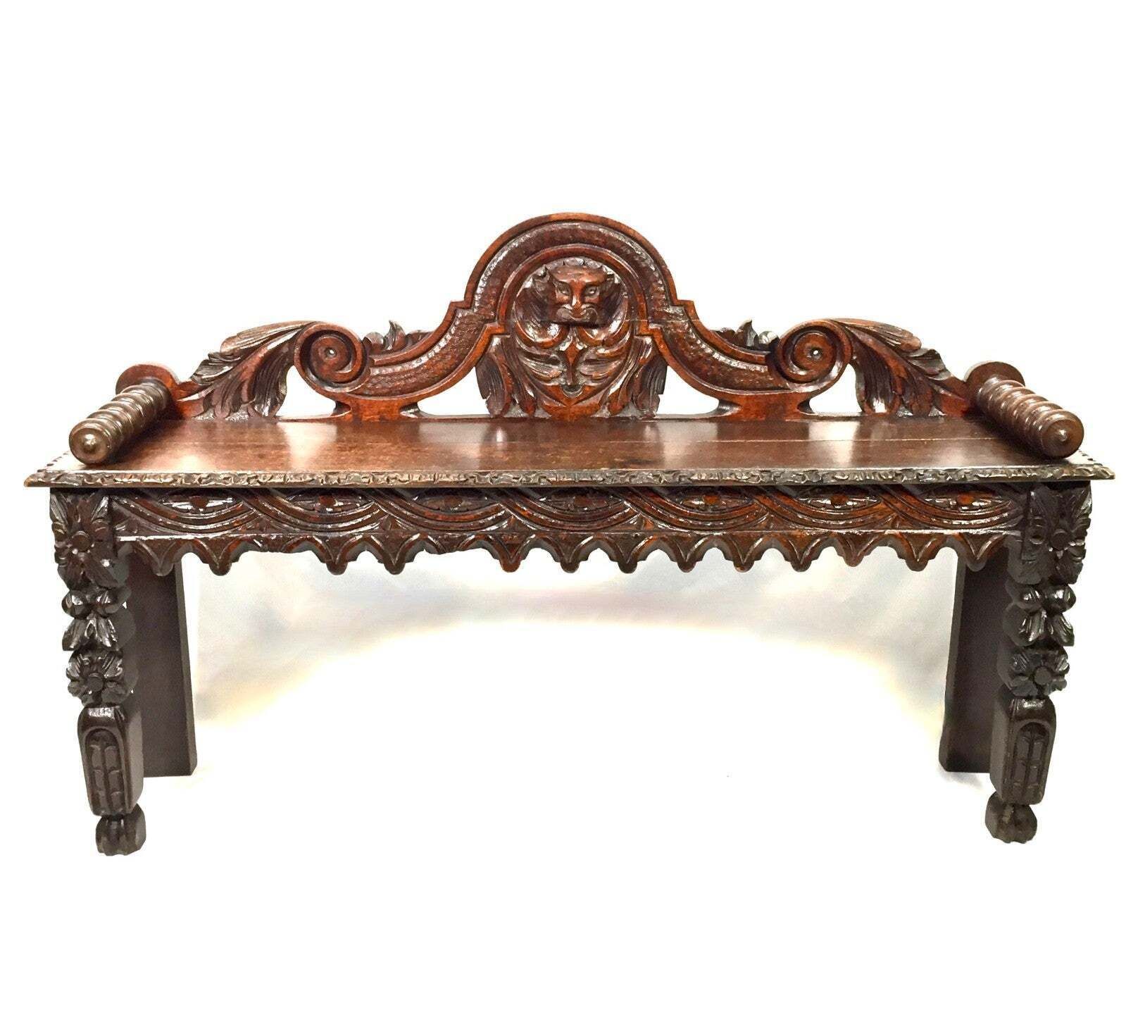 Antique Oak Carved 19th Century Green Man Window Seat / Bench / Gothic Revival photo 349.0