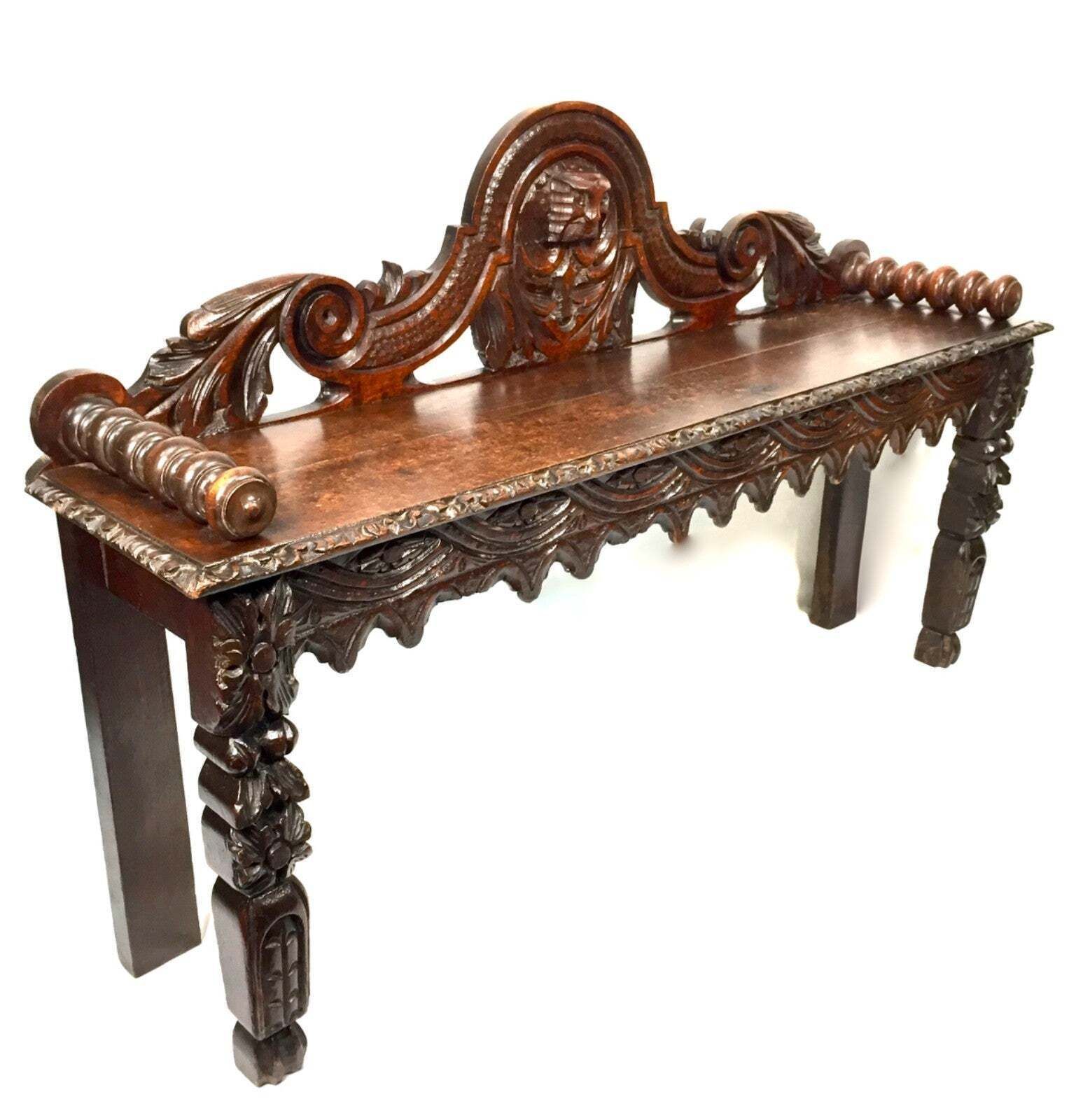 Furniture Antique Oak Carved 19th Century Green Man Window Seat / Bench / Gothic Revival photo