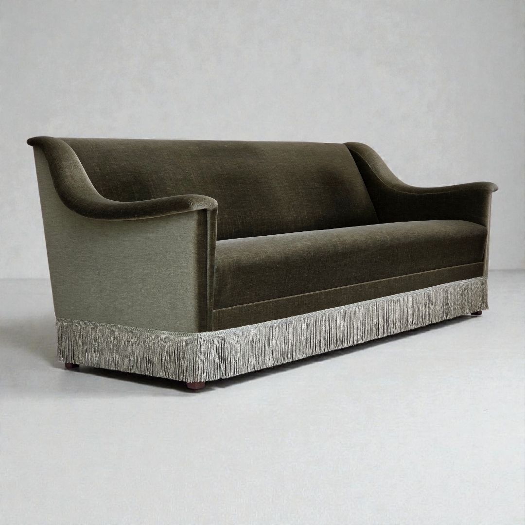 1970s, Danish 3 Seater Sofa, Green Furniture Velour, Beech Wood.