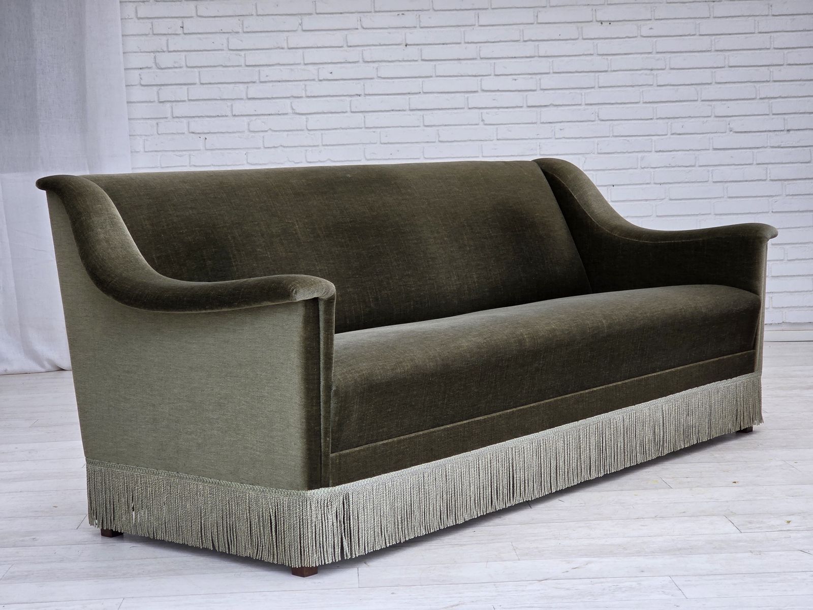 1970s, Danish 3 Seater Sofa, Green Furniture Velour, Beech Wood. photo vinterior
