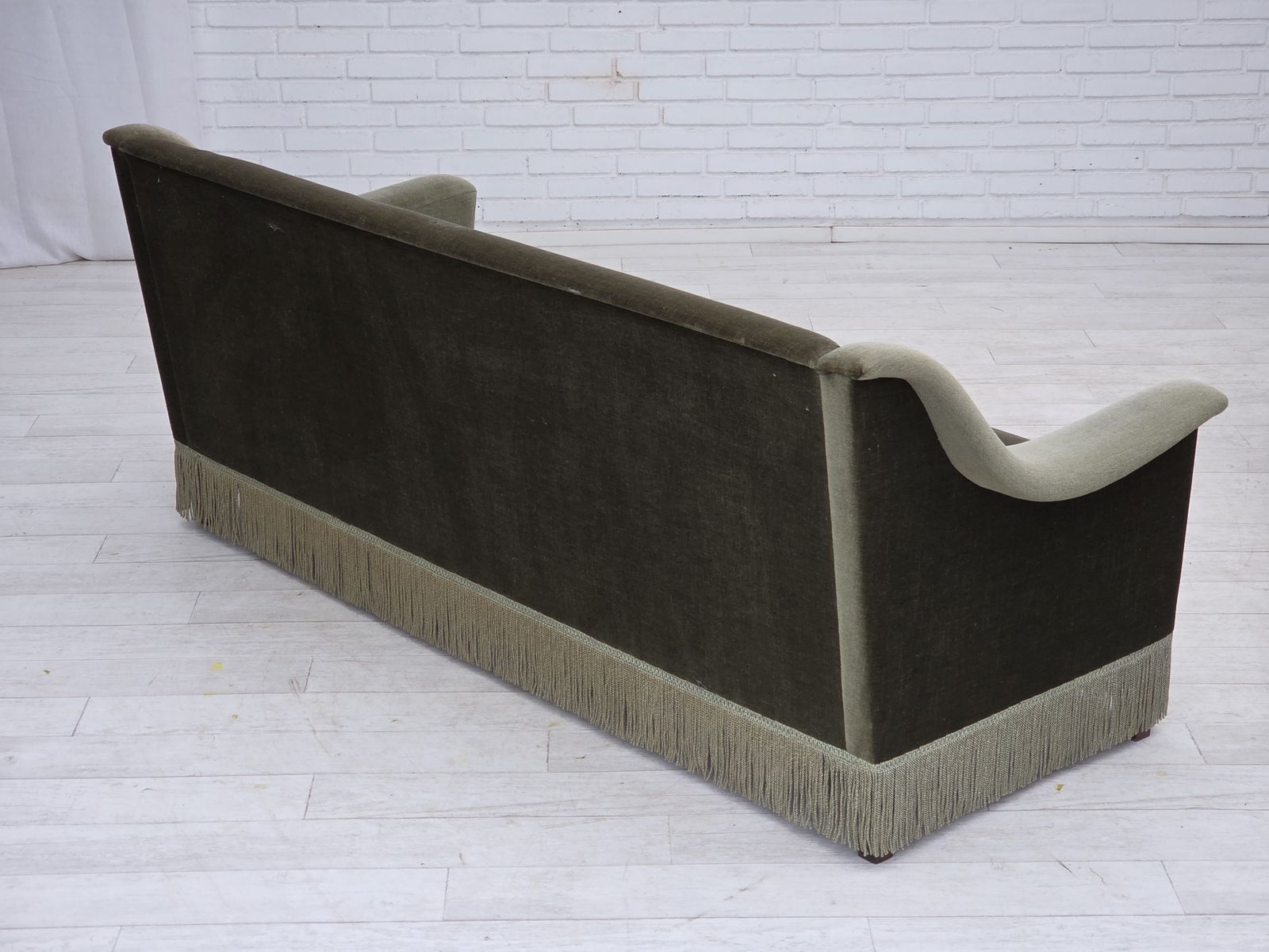 photo for sale 1970s, Danish 3 Seater Sofa, Green Furniture Velour, Beech Wood.