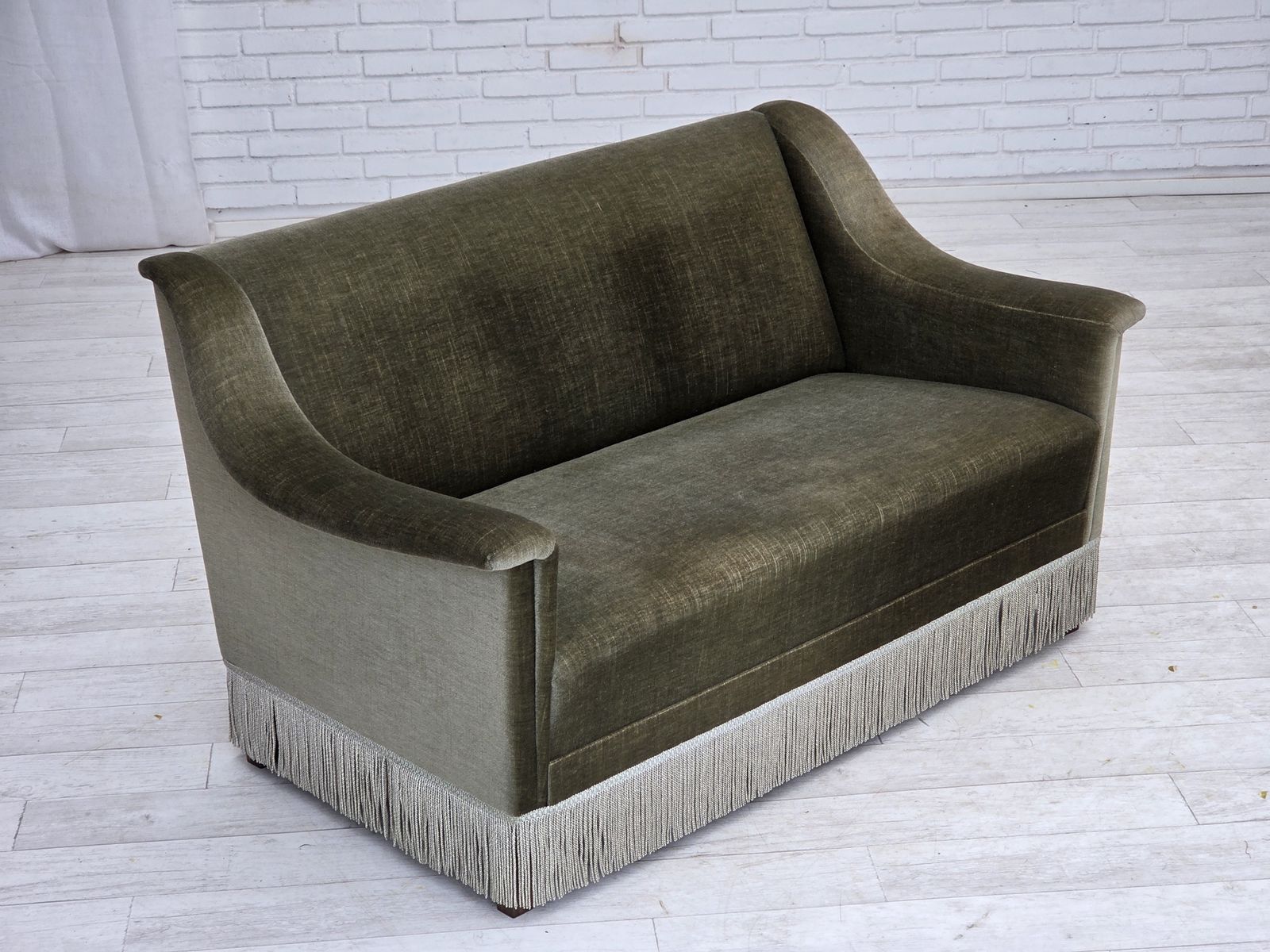 1970s, Danish 2 Seater Sofa, Green Furniture Velour, Beech Wood. photo vintage