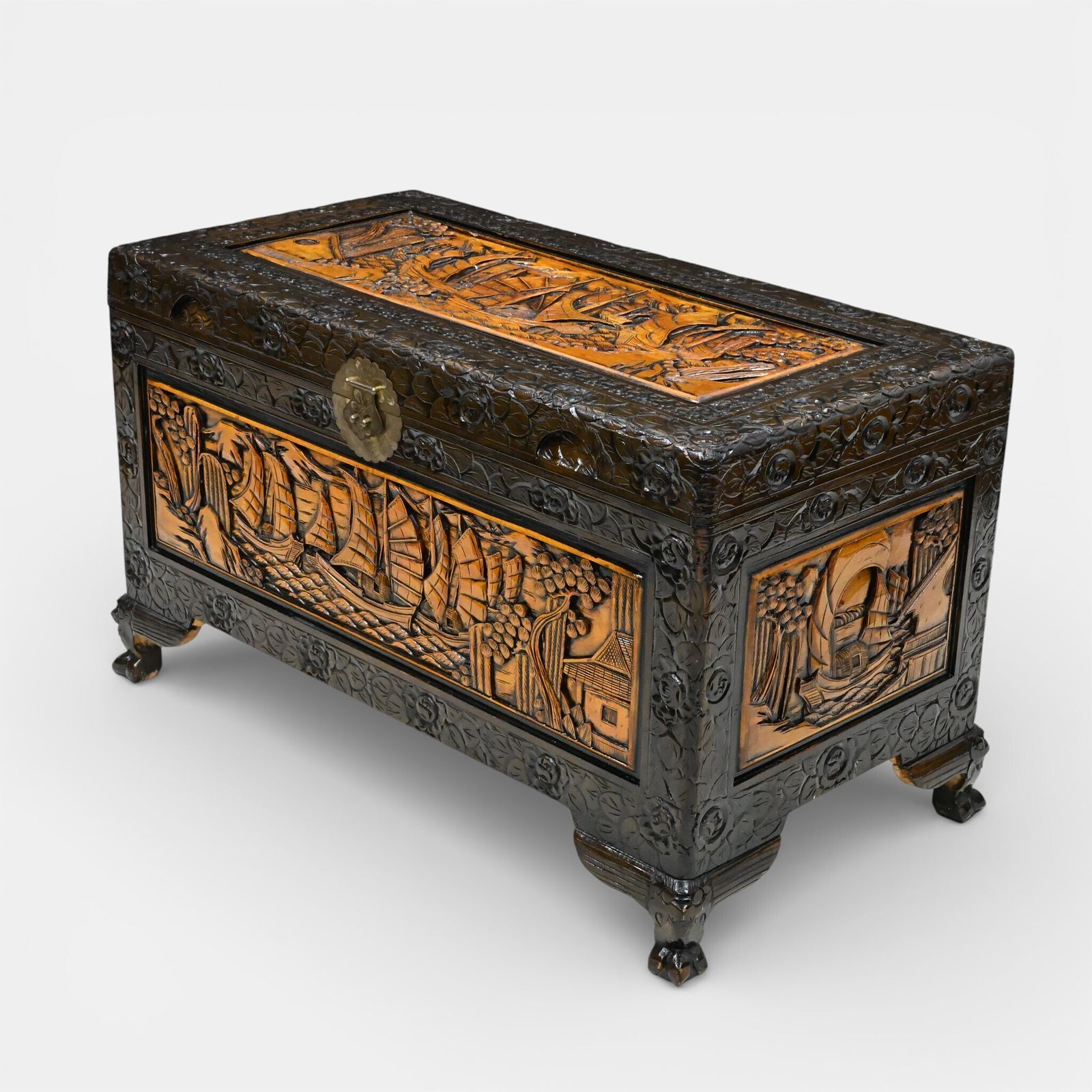 Chinese Carved Chest Camphor Wood Fine Carvings H60cm X W104cm X D56cm photo furniture