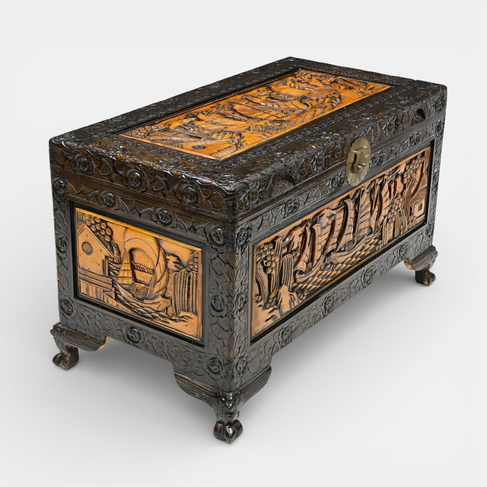 Chinese Carved Chest Camphor Wood Fine Carvings H60cm X W104cm X D56cm photo vintage