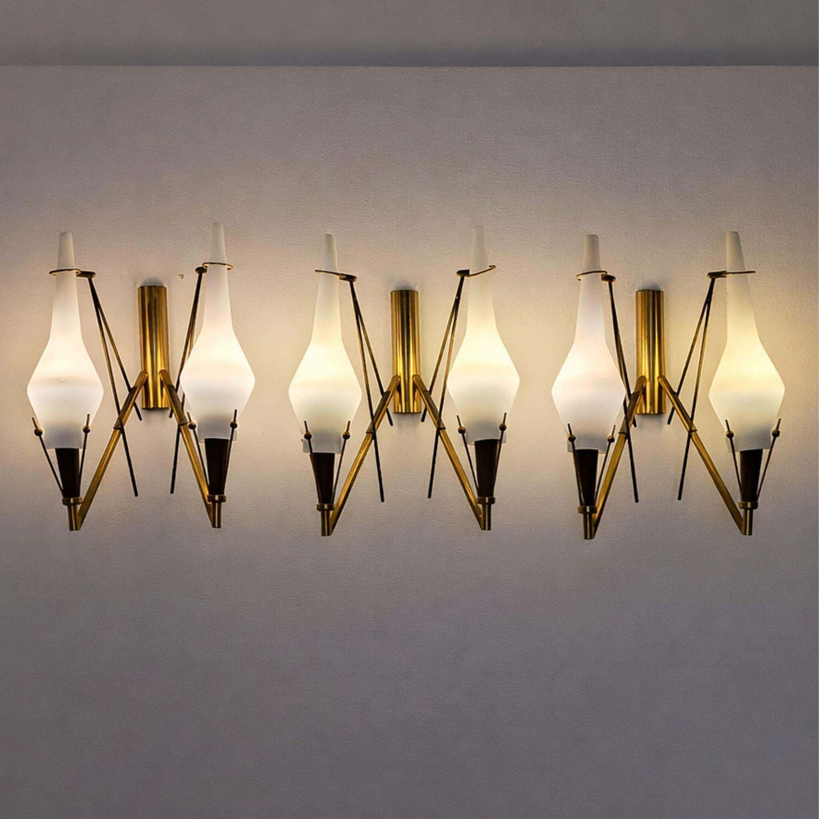 photo furniture Set Of Three Brass And Opaline Glass Wall Sconces In The Style Of Stilnovo, 1960