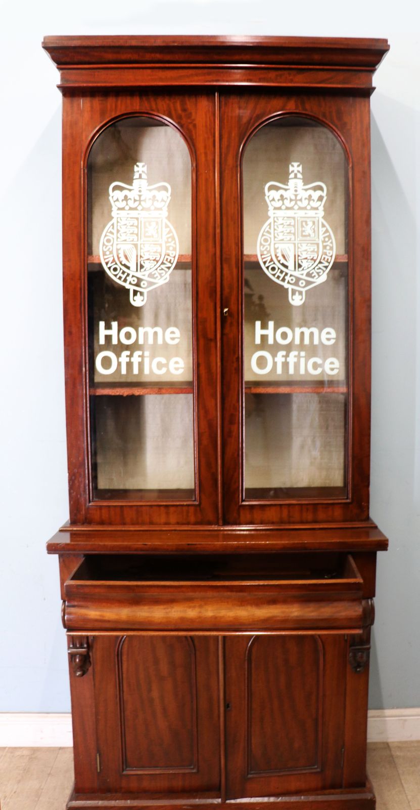 A Beautiful Quality Victorian Mahogany Cabinet, Later Sign Written With The Home Office Logo. photo for sale