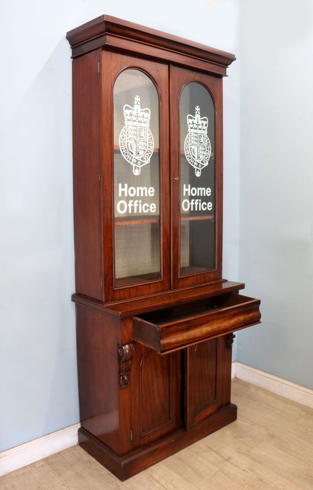 A Beautiful Quality Victorian Mahogany Cabinet, Later Sign Written With The Home Office Logo. photo vinterior