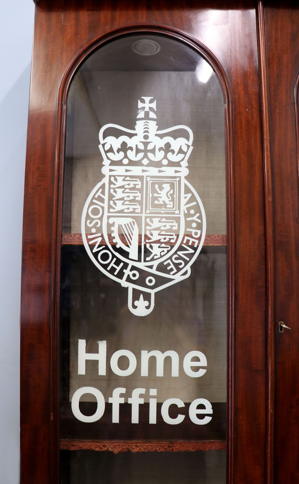 A Beautiful Quality Victorian Mahogany Cabinet, Later Sign Written With The Home Office Logo. photo vintage