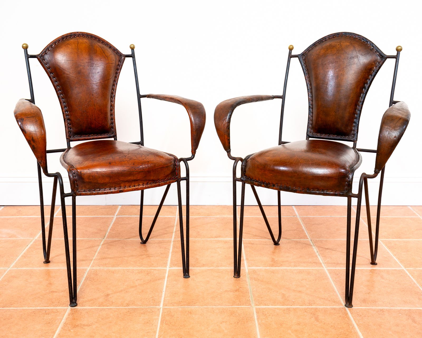 photo furniture Single Armchair Iron Leather Artisan Jacques Adnet Chairs Brass 1950s Mcm French M.Odernist Bauhaus Modernism Stitched Leather Sculptural Machinisme