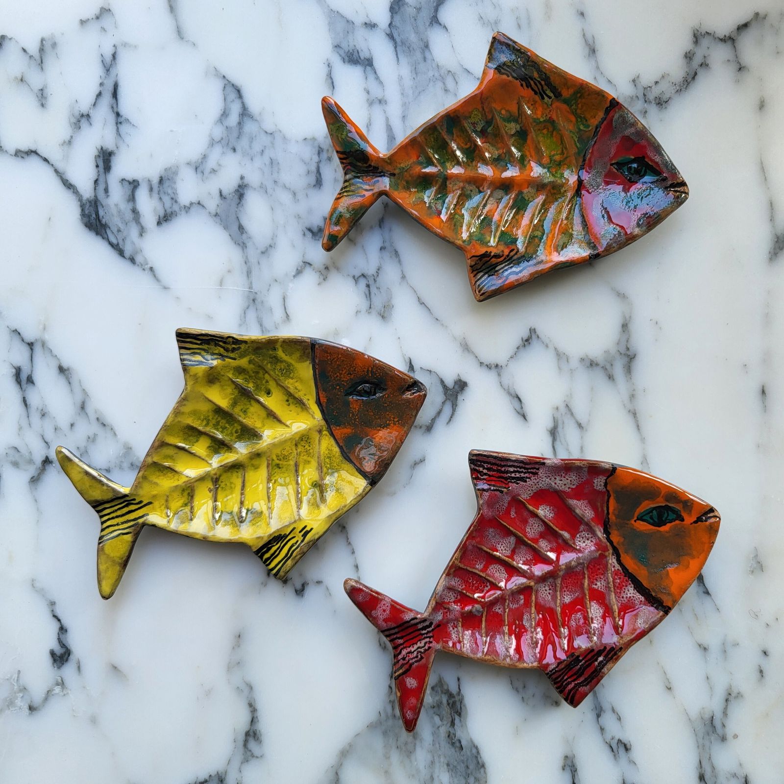 Trio Of Hand Painted Mid Century Ceramic Fish Dishes, San Marino, 1960s