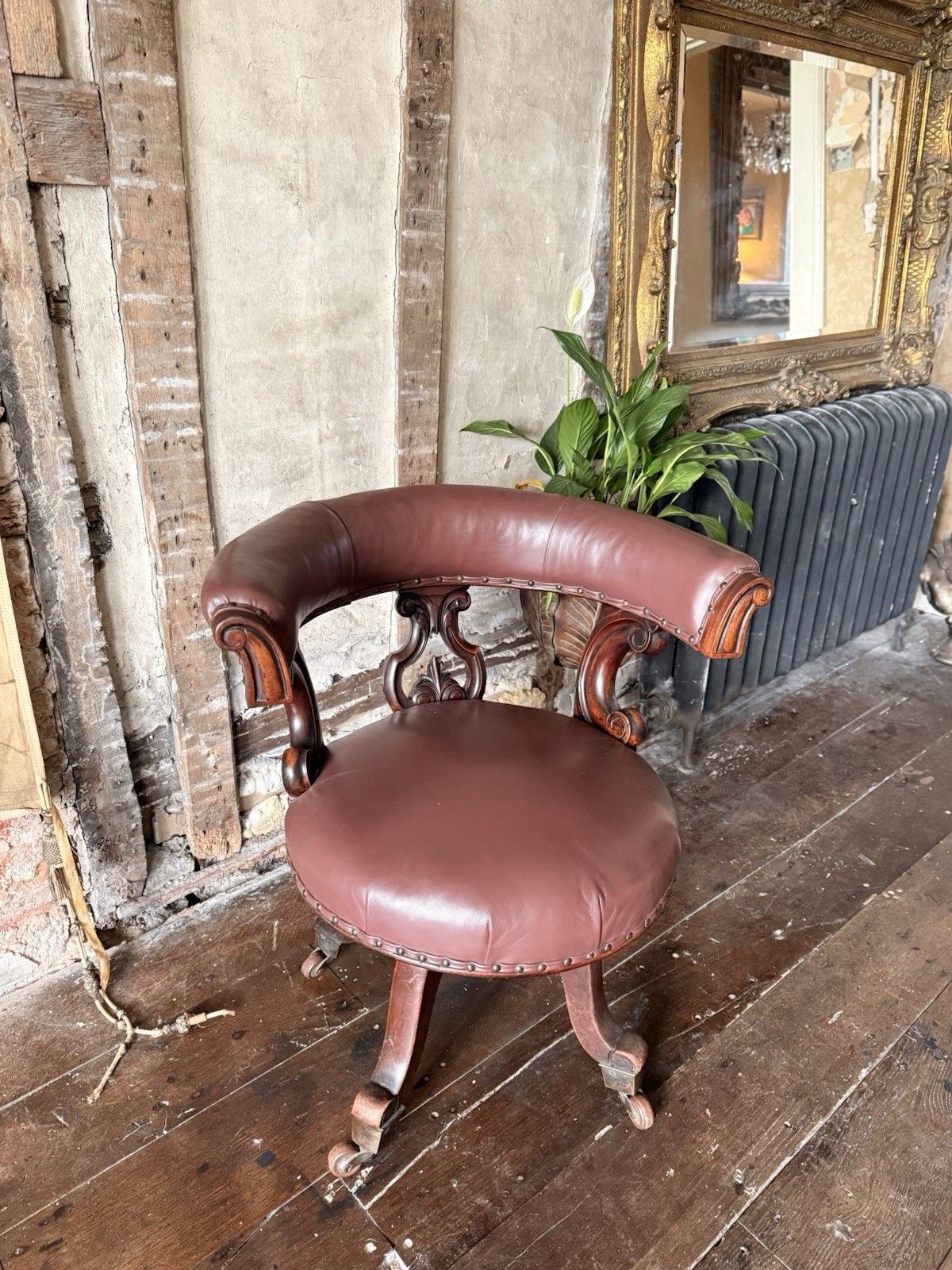 Antique Mahogany Brown Leather Victorian Office Desk Horseshoe Chair 1880c photo 699.0