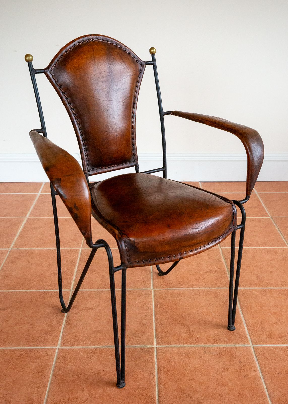 photo for sale Single Armchair Iron Leather Artisan Jacques Adnet Chairs Brass 1950s Mcm French M.Odernist Bauhaus Modernism Stitched Leather Sculptural Machinisme