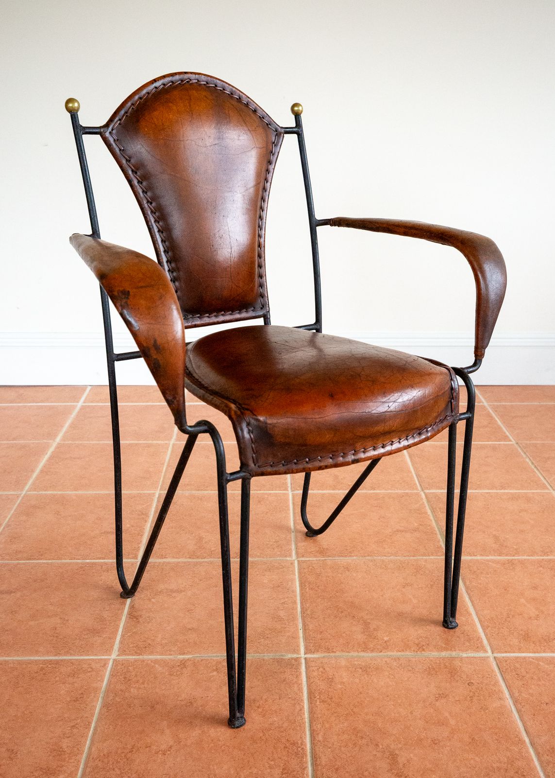 Single Armchair Iron Leather Artisan Jacques Adnet Chairs Brass 1950s Mcm French M.Odernist Bauhaus Modernism Stitched Leather Sculptural Machinisme photo buy