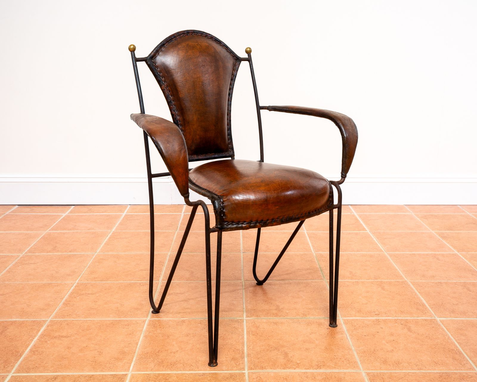Single Armchair Iron Leather Artisan Jacques Adnet Chairs Brass 1950s Mcm French M.Odernist Bauhaus Modernism Stitched Leather Sculptural Machinisme photo 1250.0