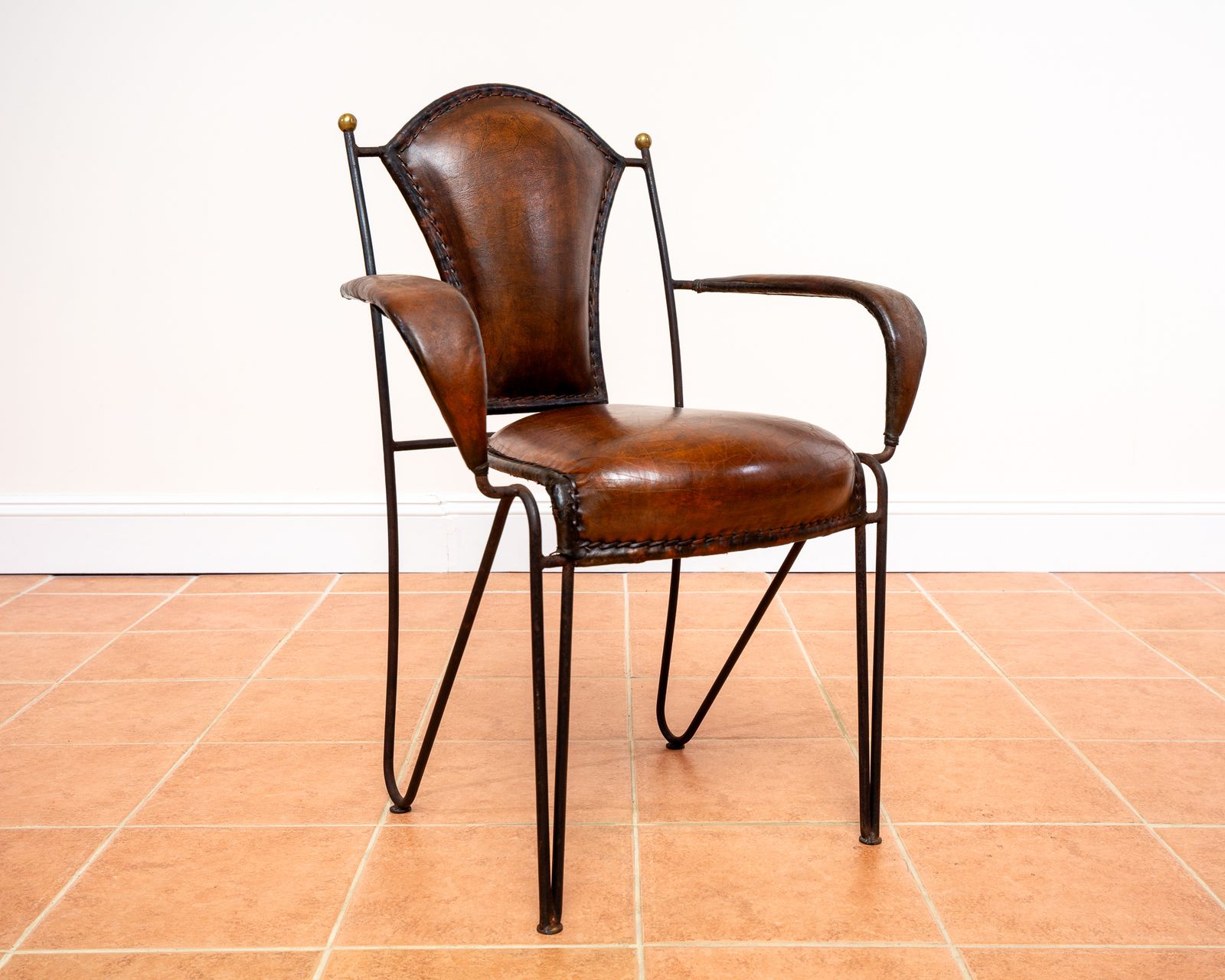 Single Armchair Iron Leather Artisan Jacques Adnet Chairs Brass 1950s Mcm French M.Odernist Bauhaus Modernism Stitched Leather Sculptural Machinisme photo furniture