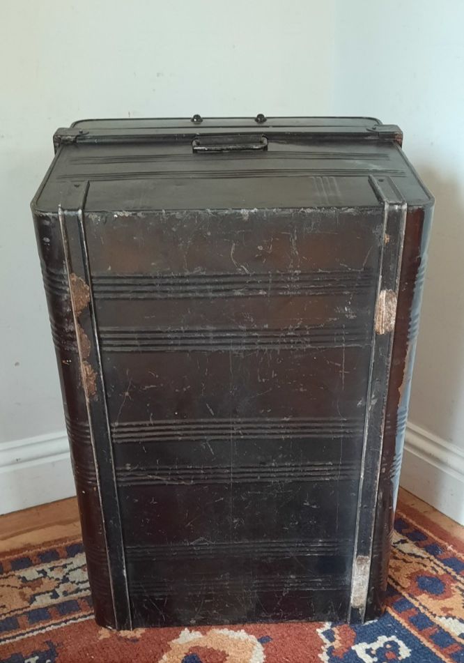 Antique Vintage Black Metal Steamer Trunk Chest Coffee Table Storage photo vintage