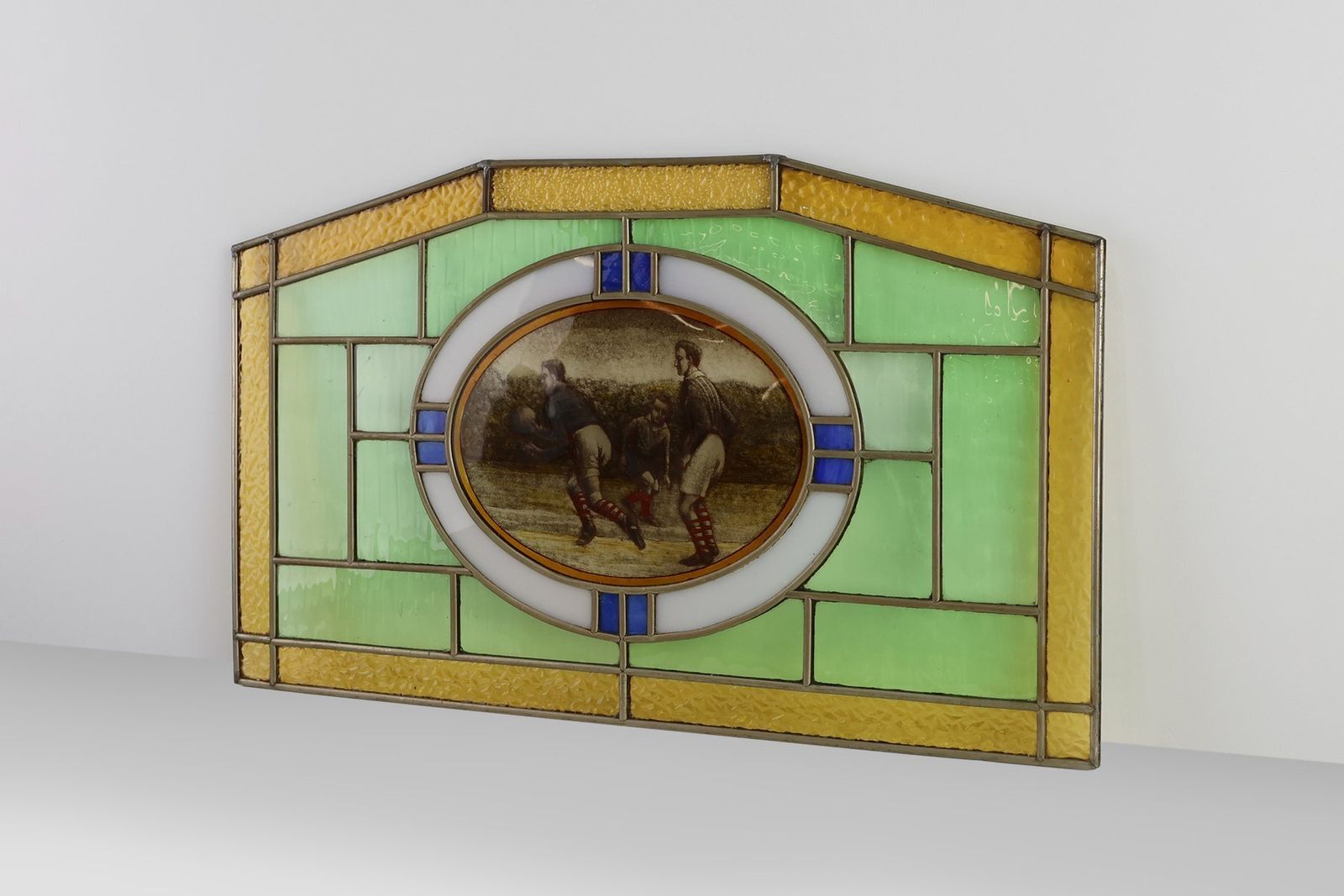 Art Deco Stained Glass Panel Depicting Early Football Scene, Belgium, 1910s photo vinterior