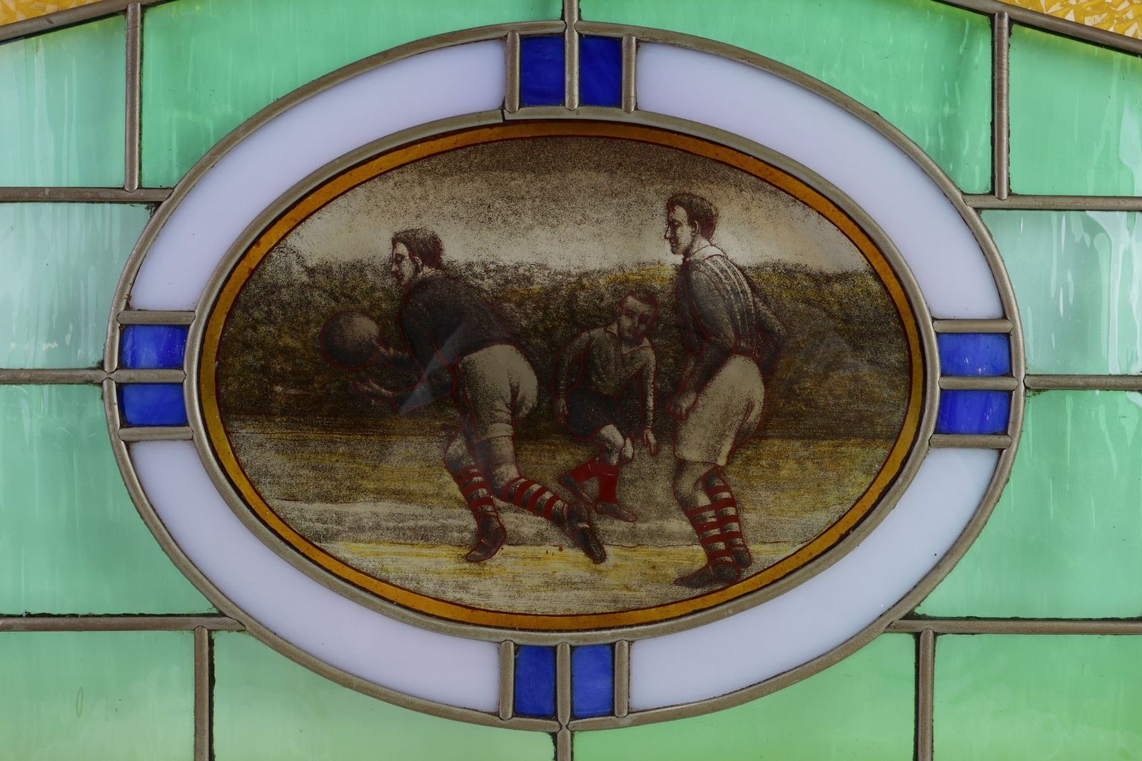 photo furniture Art Deco Stained Glass Panel Depicting Early Football Scene, Belgium, 1910s