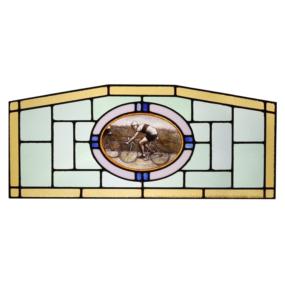 Art Deco Stained Glass Panel Depicting Cyclists In Motion, Belgium, 1910s