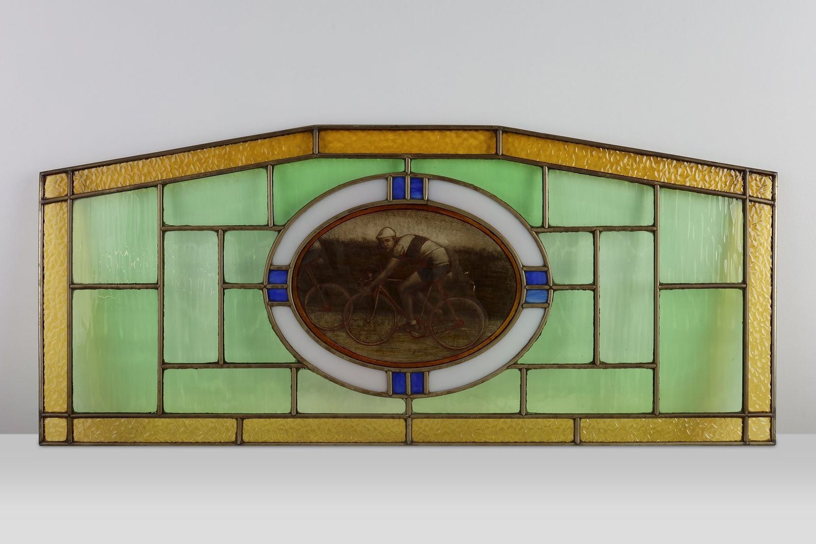 Art Deco Stained Glass Panel Depicting Cyclists In Motion, Belgium, 1910s photo vinterior