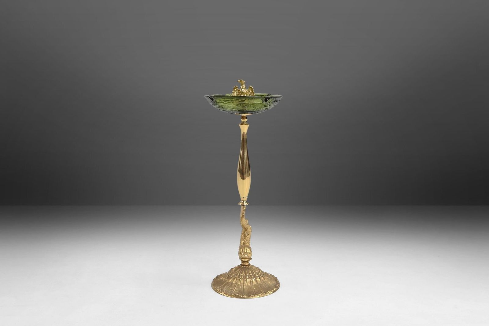Sculptural Green Glass And Metal Ashtray With Fish And Eagle Motifs, Belgium, 1970s photo vintage