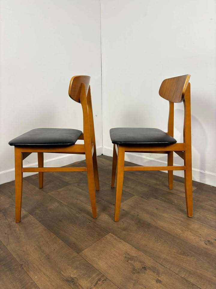 photo for sale Pair Of Mid Century Teak Chairs With Black Upholstery