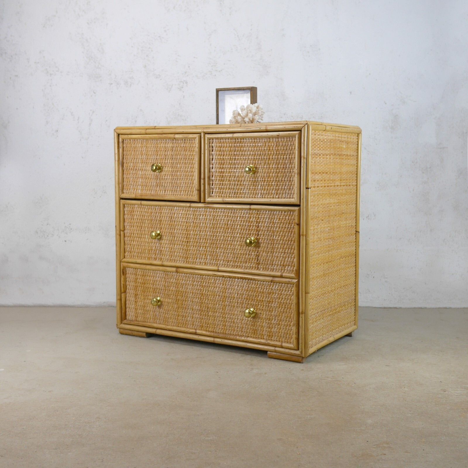 Furniture Vintage Mid Century Bamboo Rattan Chest Of Drawers Brass Angraves #102844 photo